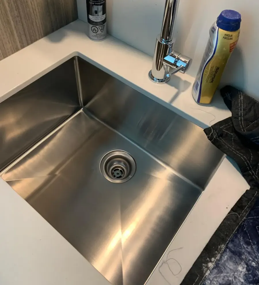 Stainless sink, scratches polished out after